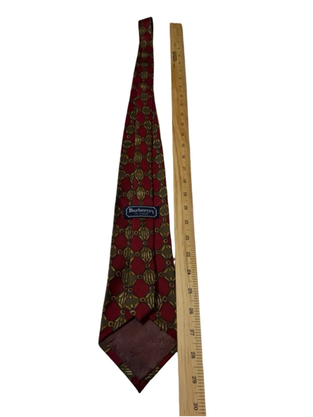 Burberrys London Silk Tie Red Gold Geometric Medallion Vintage Luxury
